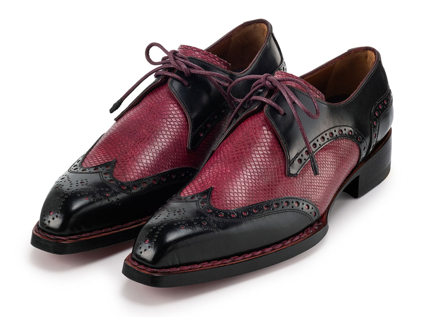 Paul Parkman Men's Hand-Welted Black & Red Leather Wingtip Derby Shoes (ID#170KRBRD)
