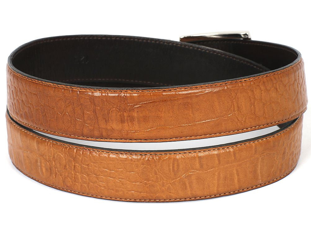 PAUL PARKMAN Men's Crocodile Textured Leather Belt Camel (ID#B02-CML)