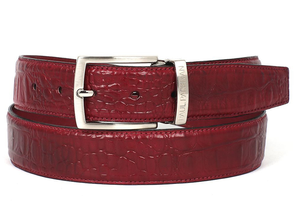 PAUL PARKMAN Men's Crocodile Textured Leather Belt Burgundy (ID#B02-BUR)