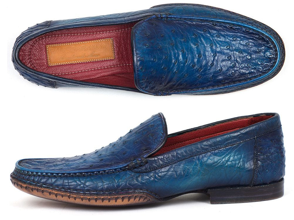 Paul Parkman Men's Blue Genuine Ostrich Opanka Stitched Moccasins (ID#YL94OPK)