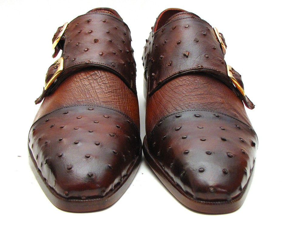 Paul Parkman Brown & Tobacco Genuine Ostrich Double Monkstraps (ID#43K68)