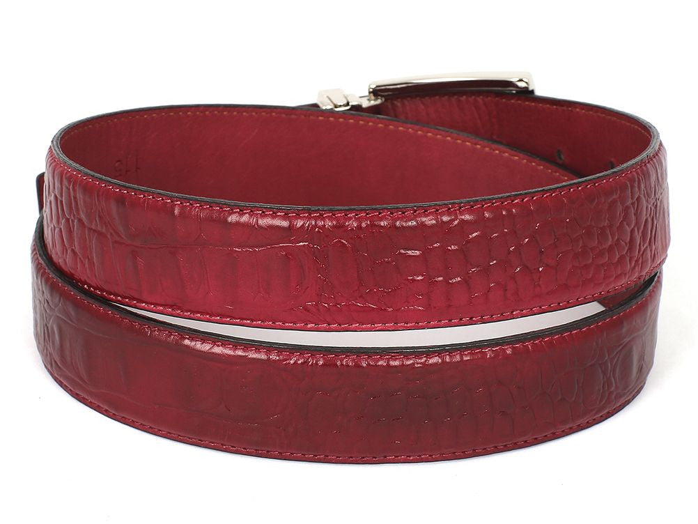 PAUL PARKMAN Men's Crocodile Textured Leather Belt Burgundy (ID#B02-BUR)