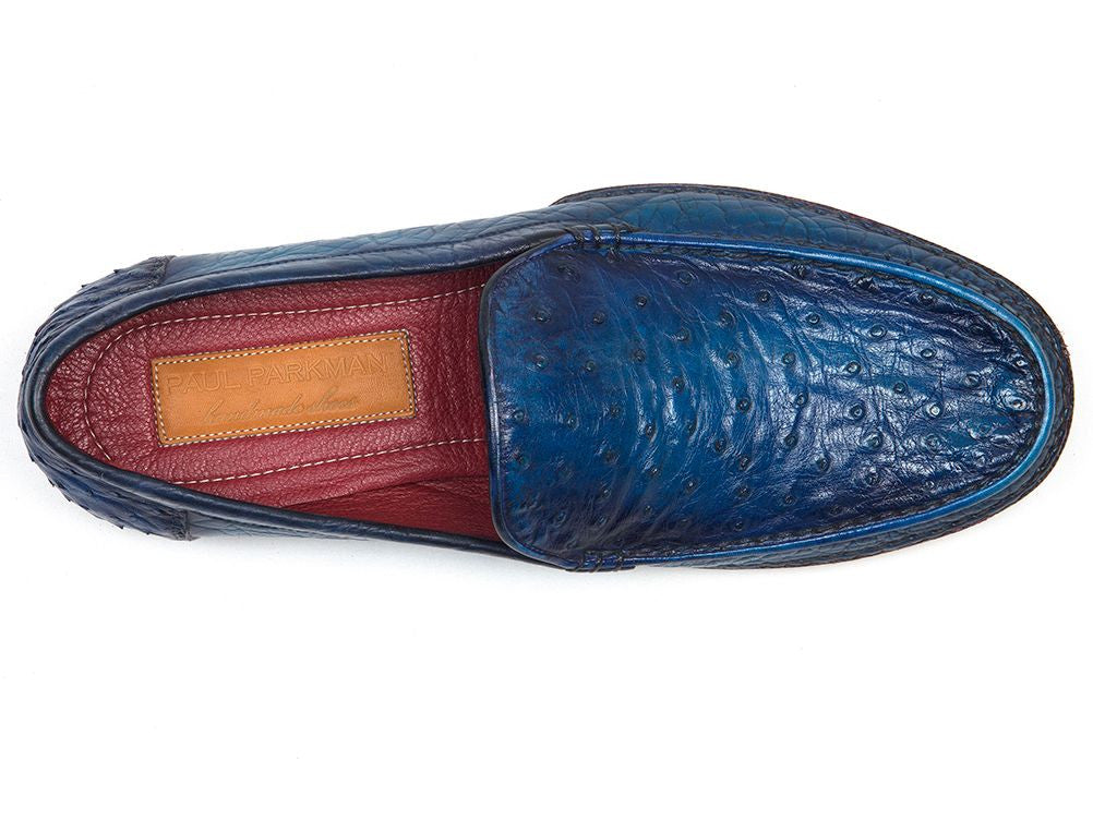 Paul Parkman Men's Blue Genuine Ostrich Opanka Stitched Moccasins (ID#YL94OPK)