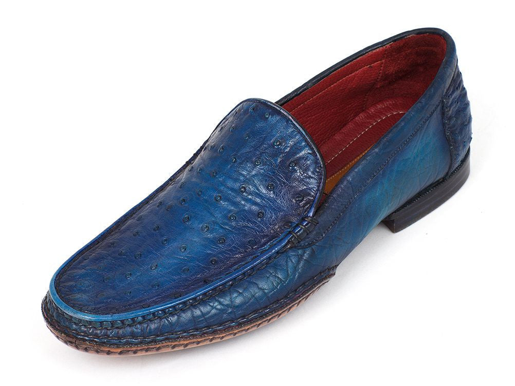 Paul Parkman Men's Blue Genuine Ostrich Opanka Stitched Moccasins (ID#YL94OPK)
