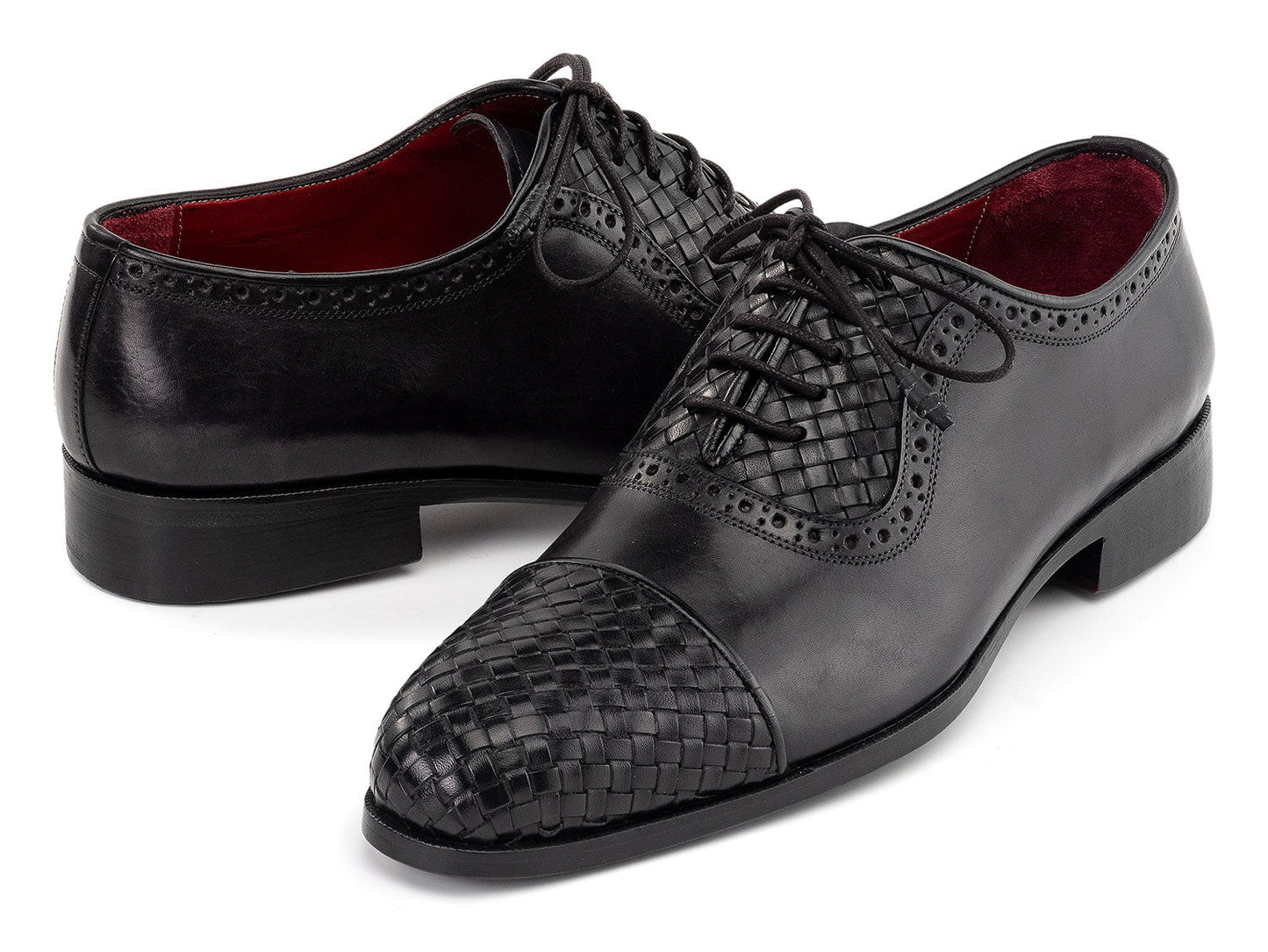 Paul Parkman Men's Black Woven Leather Cap Toe Oxford Shoes (ID#49851-BLK)