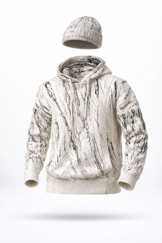Strata Marbled Cable Knit Hoodie – Ivory Vein