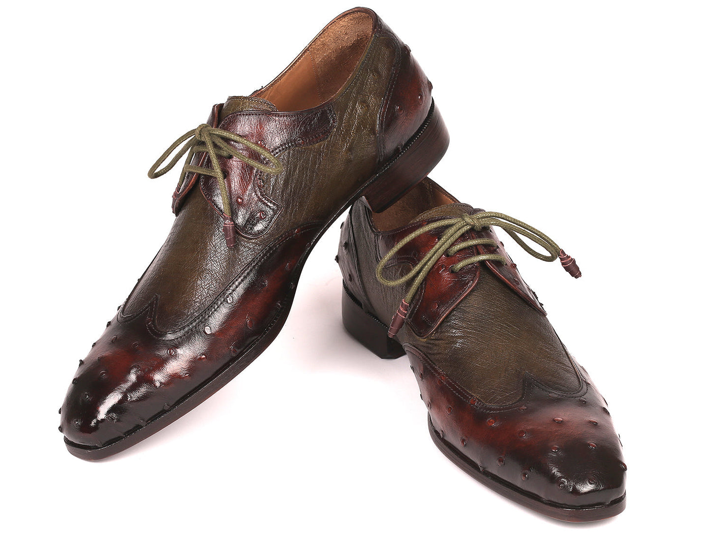 Paul Parkman Ostrich Skin Wingtip Derby Shoes Brown & Green (ID#844H389)