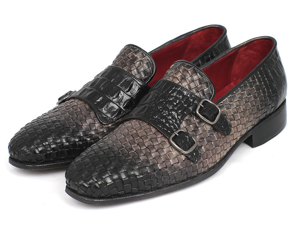 Paul Parkman Gray Woven & Croc Embossed Monkstraps (ID#HK588-GRY)