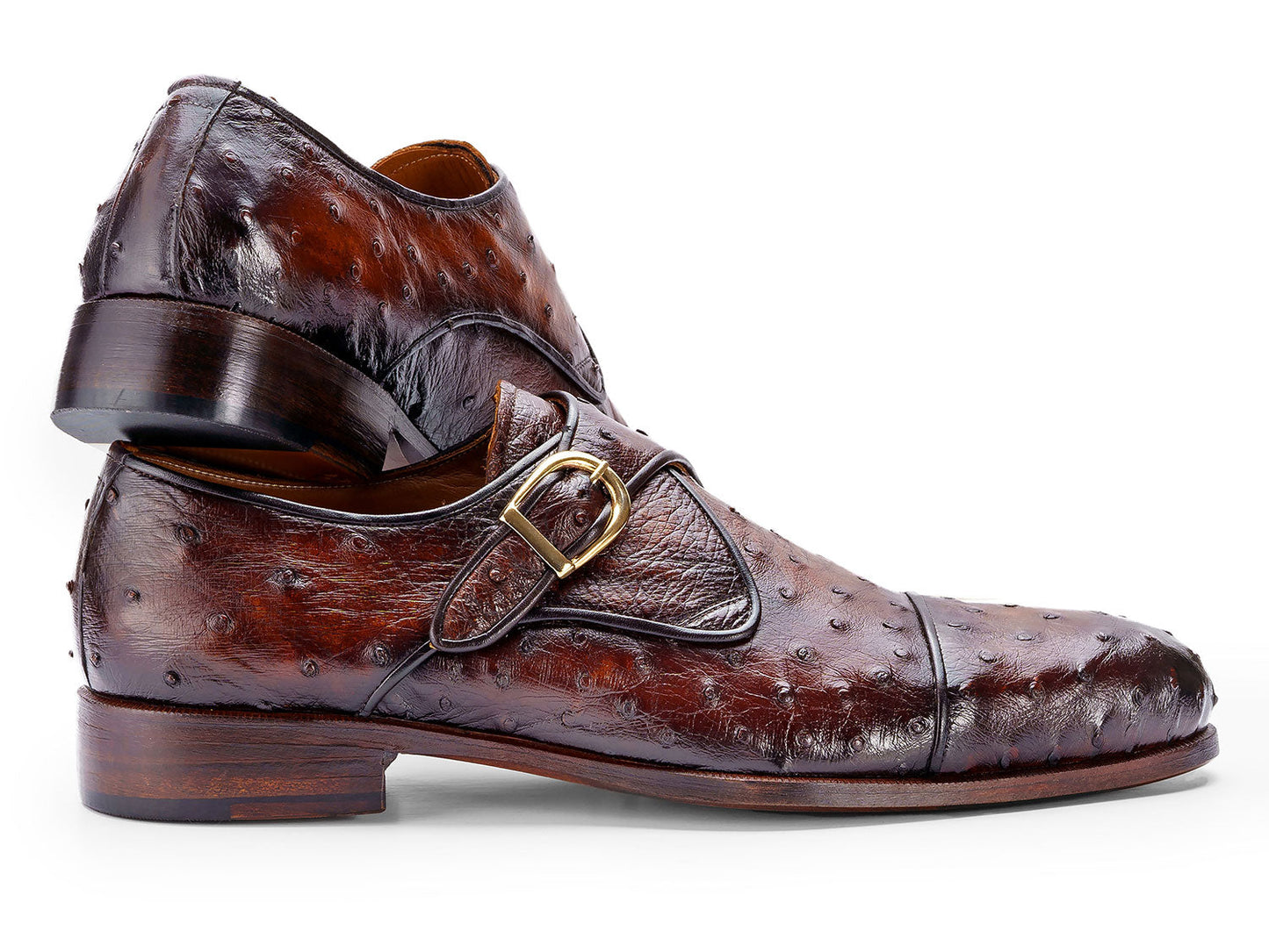 Paul Parkman Men's Genuine Ostrich Skin Monkstrap Shoes Brown (ID#91BRW68)