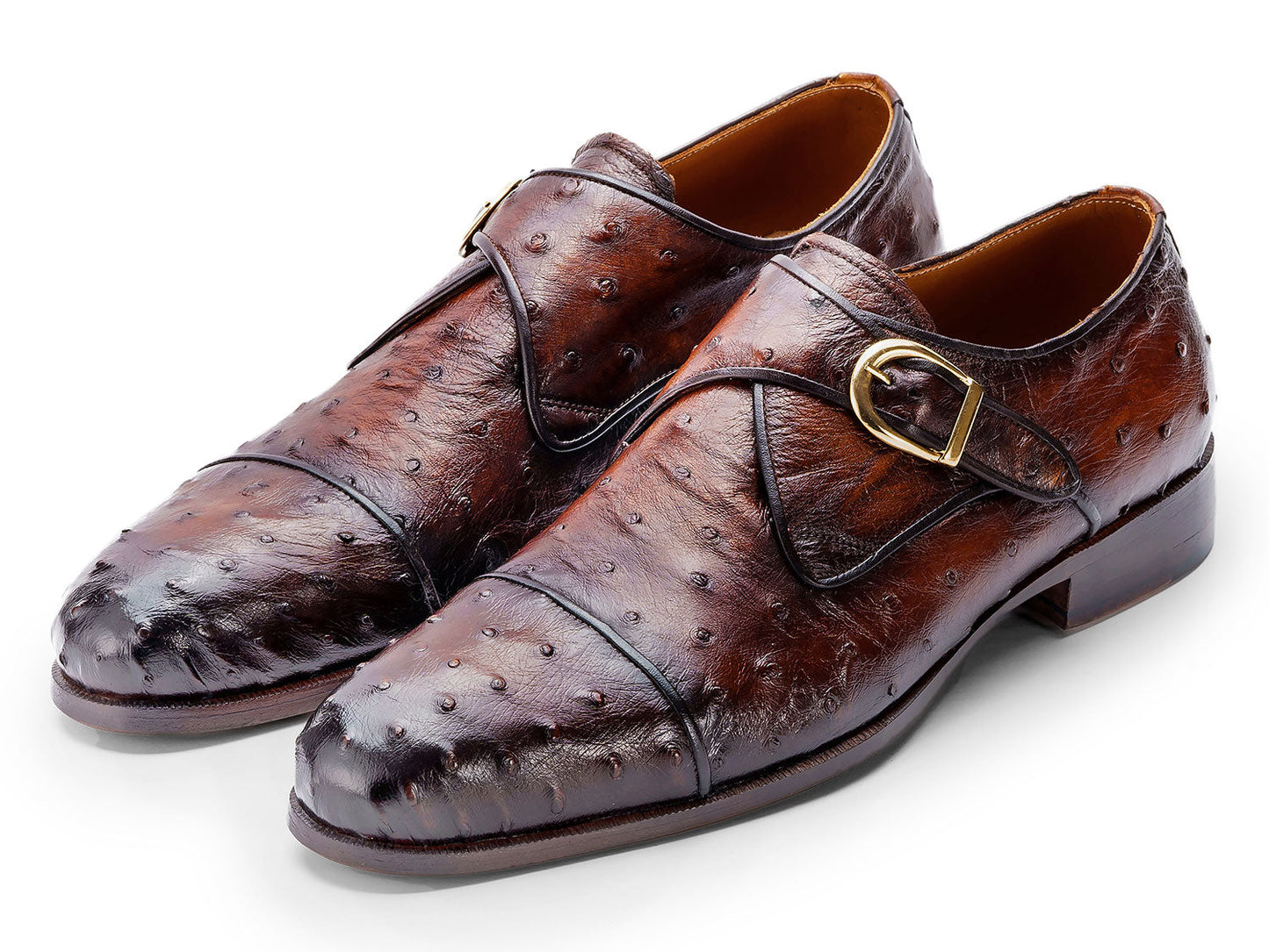 Paul Parkman Men's Genuine Ostrich Skin Monkstrap Shoes Brown (ID#91BRW68)